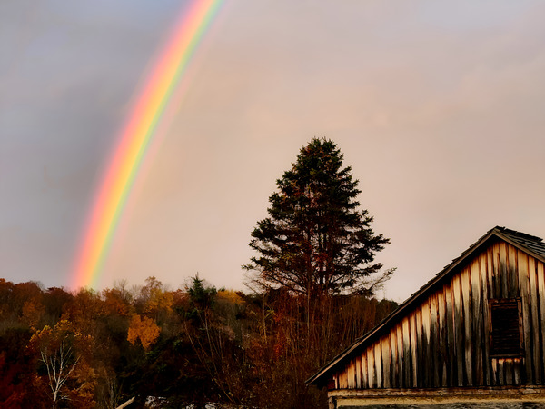 Morning Rainbow Over Barn Print
